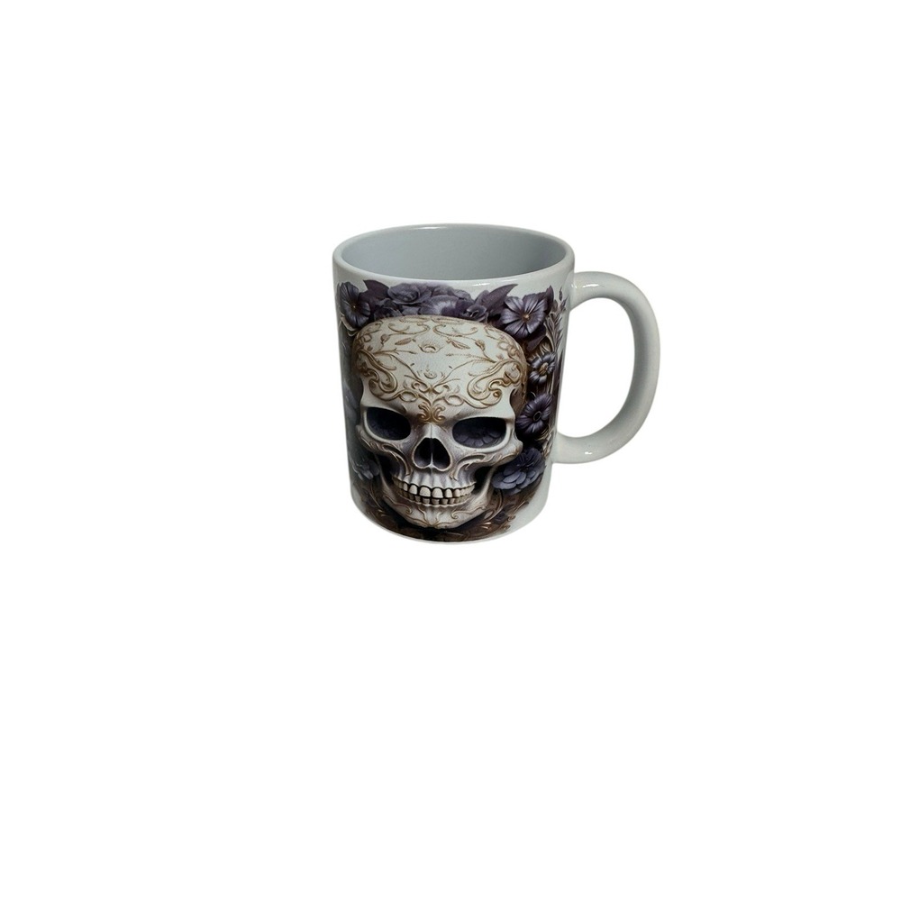 NEW novelty standard sized COFFEE MUG skull purple flowers